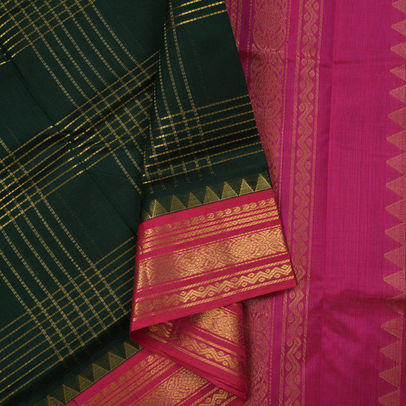 Hayagrivas Bottle Green Pure Silk Cotton Saree with Pink Border KBE1724K6-1