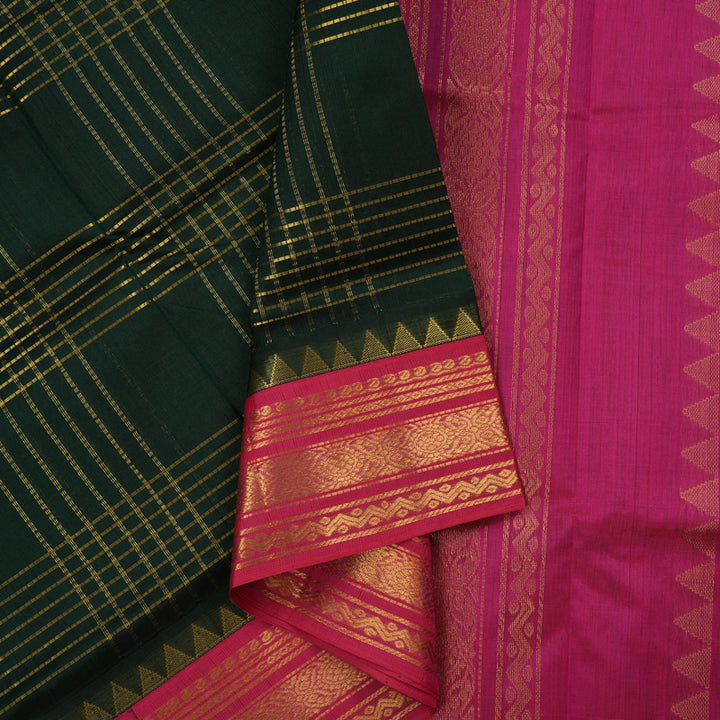 Hayagrivas Bottle Green Pure Silk Cotton Saree with Pink Border KBE1724K6-1