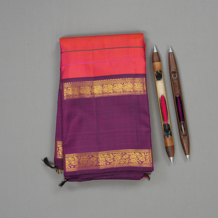 Hayagrivas Handloom Orangish Pink Kanjivaram Silk Saree with Wine Purple border KBE1725K2-2