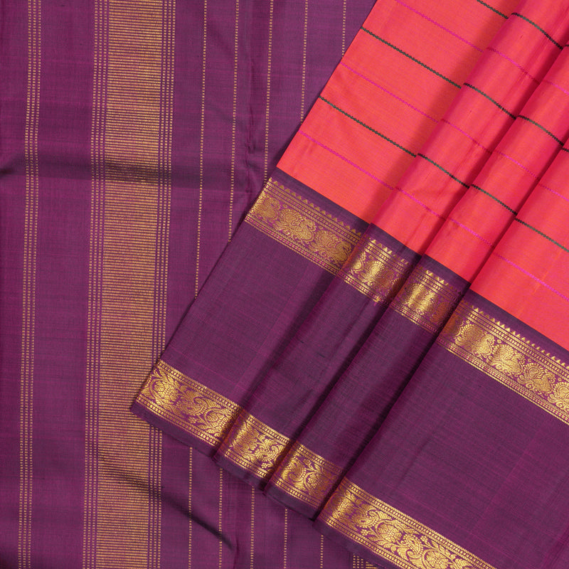 Hayagrivas Handloom Orangish Pink Kanjivaram Silk Saree with Wine Purple border KBE1725K2-2