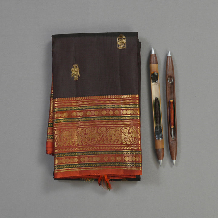 Hayagrivas Handloom Deep Brown Kanjivaram Silk Saree with Rust Orange border KBE1739K3-8