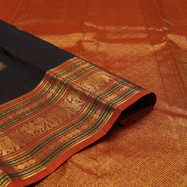 Hayagrivas Handloom Deep Brown Kanjivaram Silk Saree with Rust Orange border KBE1739K3-8