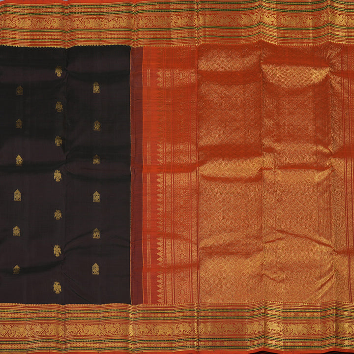 Hayagrivas Handloom Deep Brown Kanjivaram Silk Saree with Rust Orange border KBE1739K3-8