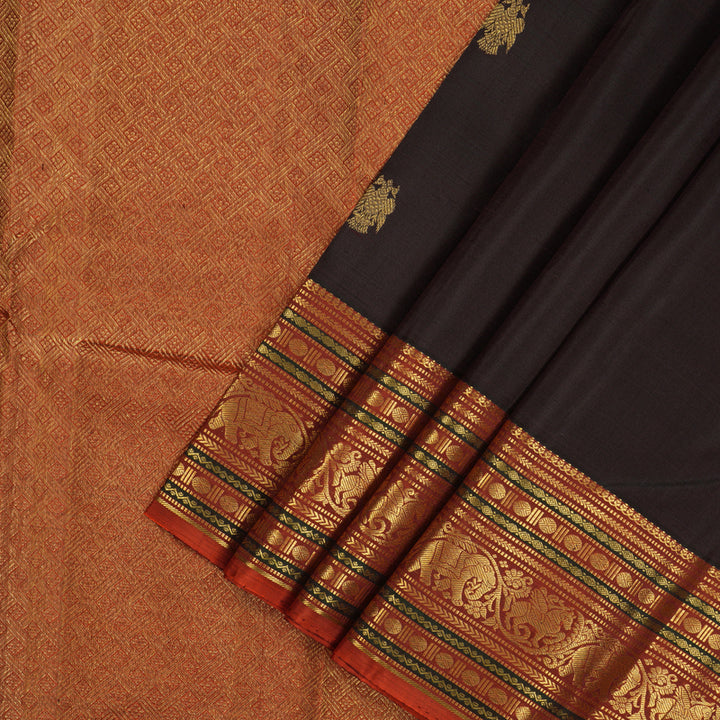 Hayagrivas Handloom Deep Brown Kanjivaram Silk Saree with Rust Orange border KBE1739K3-8