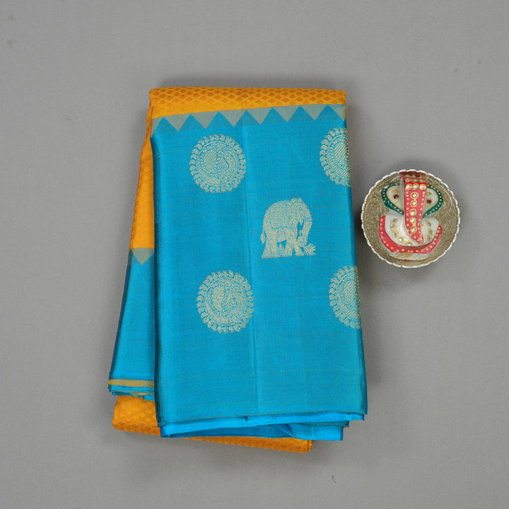 Hayagrivas Handloom Yellow Kanjivaram Silk Saree with Sky Blue Border KBE173D3-2
