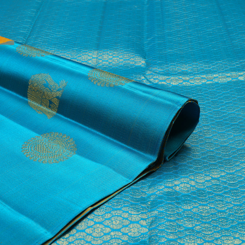 Hayagrivas Handloom Yellow Kanjivaram Silk Saree with Sky Blue Border KBE173D3-2