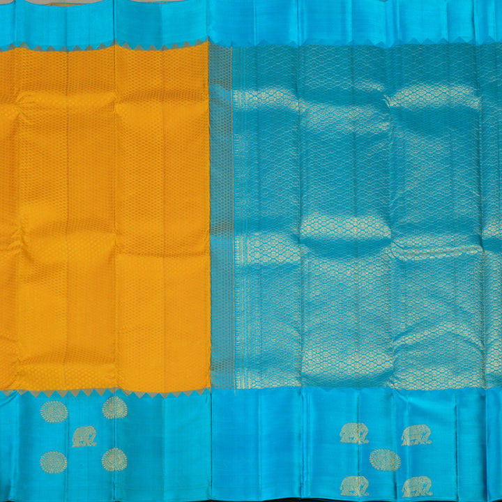 Hayagrivas Handloom Yellow Kanjivaram Silk Saree with Sky Blue Border KBE173D3-2