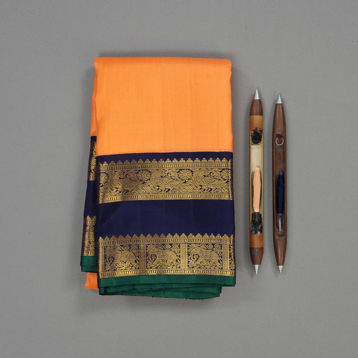 Hayagrivas Handloom Orange Kanjivaram Silk Saree with Navy Blue Border KBE1741K2-1