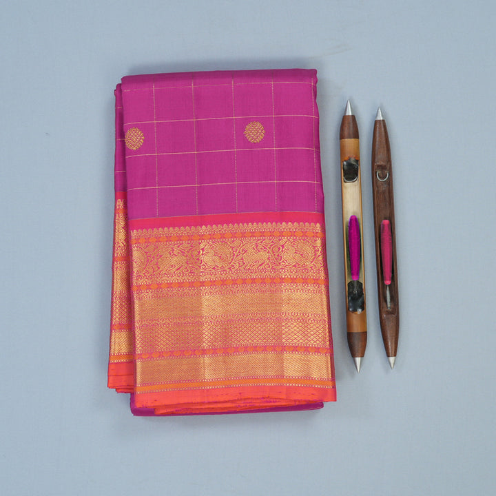 Hayagrivas Handloom Magenta Kanjivaram Silk Saree with Orangish-Pink Border KBE1742K9-1