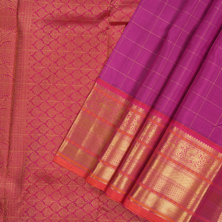 Hayagrivas Handloom Magenta Kanjivaram Silk Saree with Orangish-Pink Border KBE1742K9-1