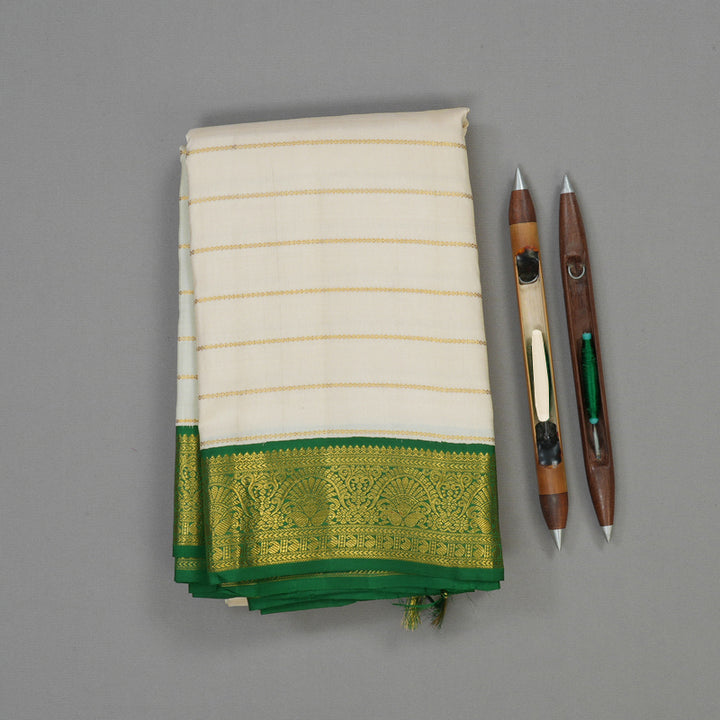 Hayagrivas Handloom Half White Kanjivaram Silk Saree with Dark Green Border KBE1748K1-1