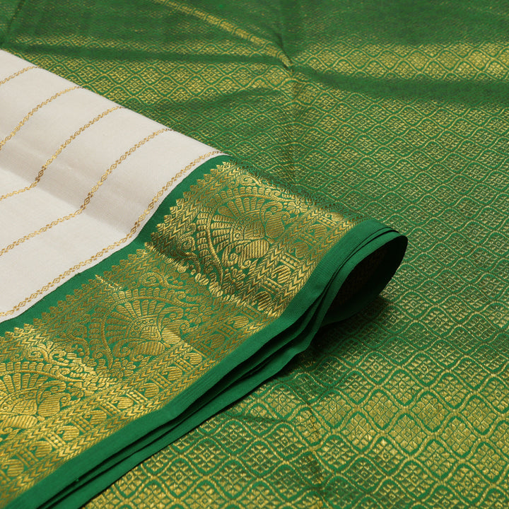 Hayagrivas Handloom Half White Kanjivaram Silk Saree with Dark Green Border KBE1748K1-1