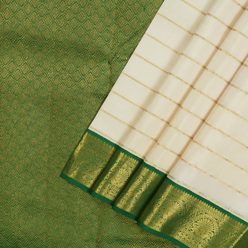 Hayagrivas Handloom Half White Kanjivaram Silk Saree with Dark Green Border KBE1748K1-1
