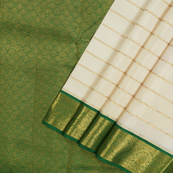 Hayagrivas Handloom Half White Kanjivaram Silk Saree with Dark Green Border KBE1748K1-1