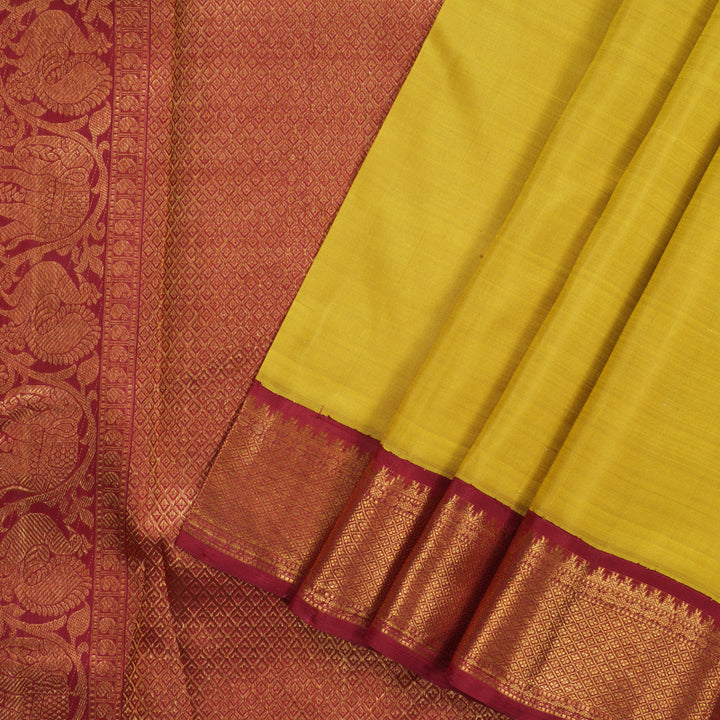 Hayagrivas Handloom Sampanga Yellow Kanjivaram Silk Saree with Maroon Border KBE1749K10-1
