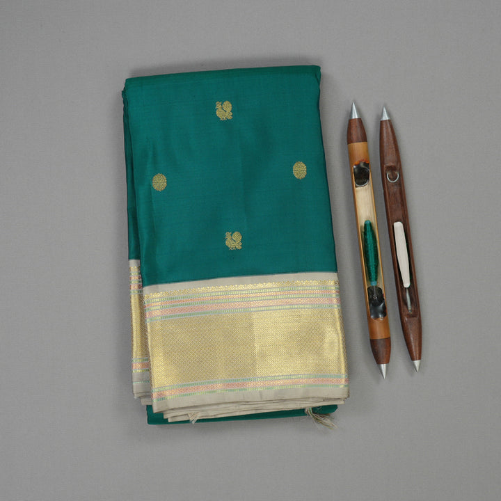 Hayagrivas Handloom Peacock Green Kanjivaram Silk Saree with Silver Grey border KBE1765K4-1