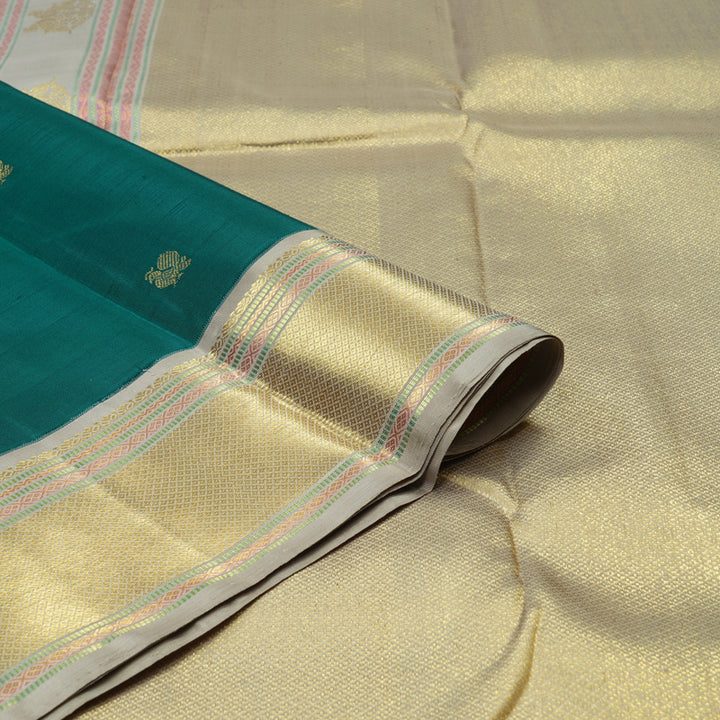 Hayagrivas Handloom Peacock Green Kanjivaram Silk Saree with Silver Grey border KBE1765K4-1