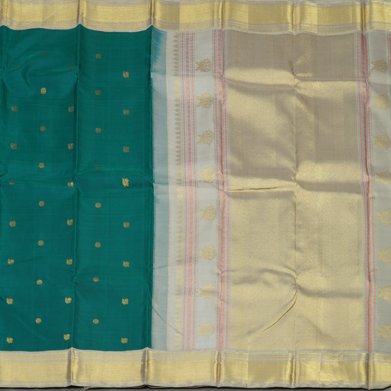 Hayagrivas Handloom Peacock Green Kanjivaram Silk Saree with Silver Grey border KBE1765K4-1