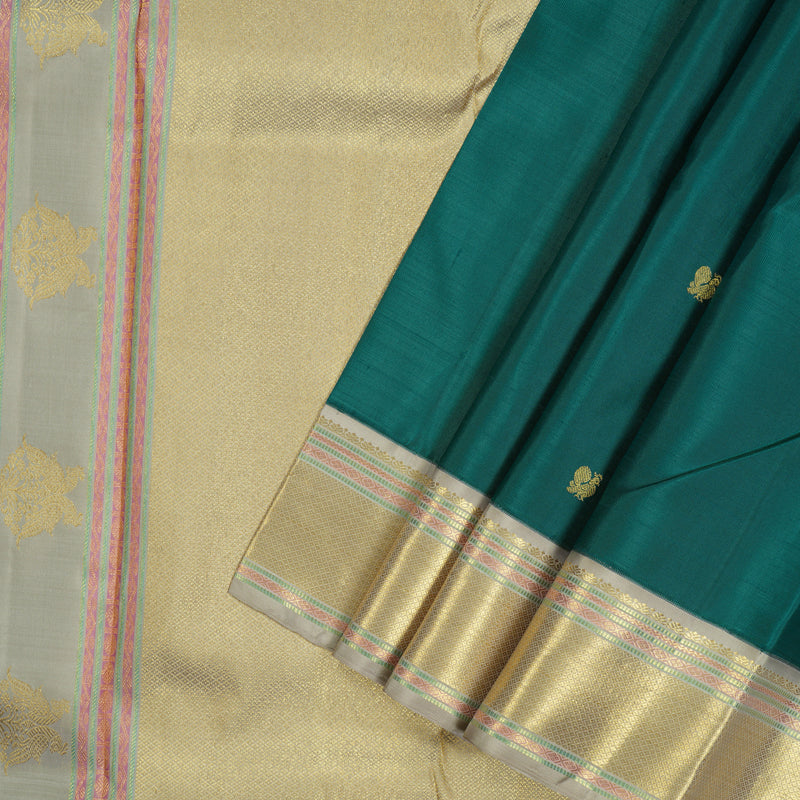 Hayagrivas Handloom Peacock Green Kanjivaram Silk Saree with Silver Grey border KBE1765K4-1