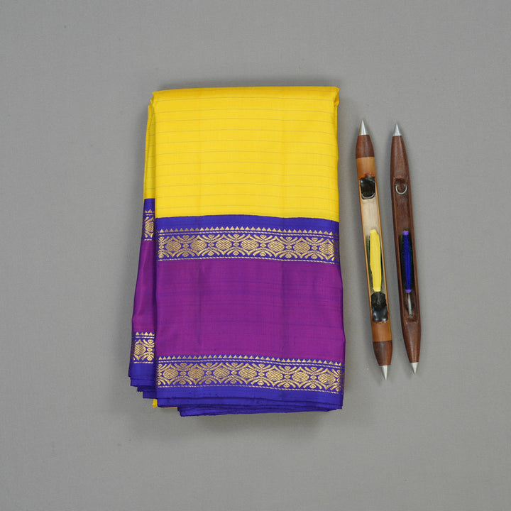 Hayagrivas Handloom Lemon Yellow Kanjivaram Silk Saree with Purple border KBE1767K1-1