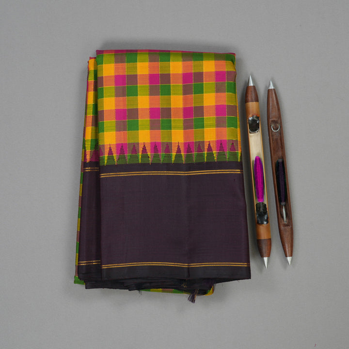 Hayagrivas Handloom Dark brown Paalum pazhamum checks Kanjivaram silk saree KBE176D11-1
