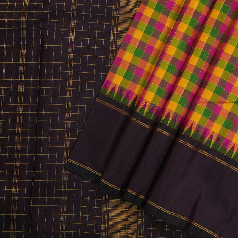 Hayagrivas Handloom Dark brown Paalum pazhamum checks Kanjivaram silk saree KBE176D11-1