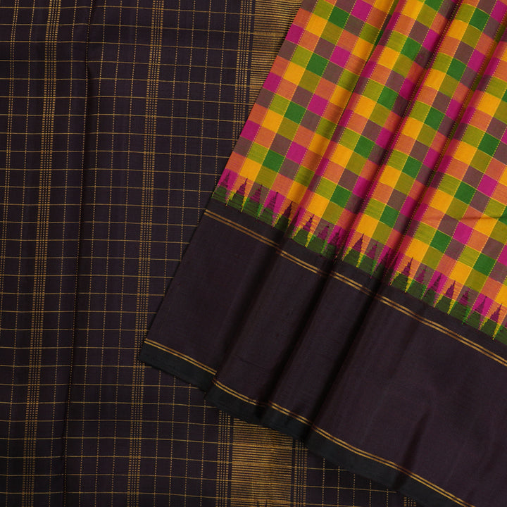 Hayagrivas Handloom Dark brown Paalum pazhamum checks Kanjivaram silk saree KBE176D11-1