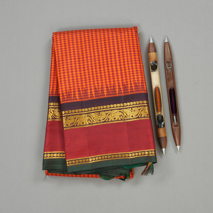 Hayagrivas Orange With Maroon Checks Handloom Kanjivaram Silk Saree with Maroon Border KBE176D14-1