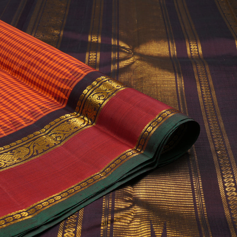 Hayagrivas Orange With Maroon Checks Handloom Kanjivaram Silk Saree with Maroon Border KBE176D14-1