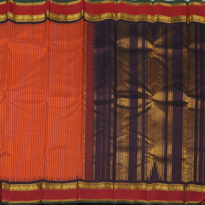 Hayagrivas Orange With Maroon Checks Handloom Kanjivaram Silk Saree with Maroon Border KBE176D14-1