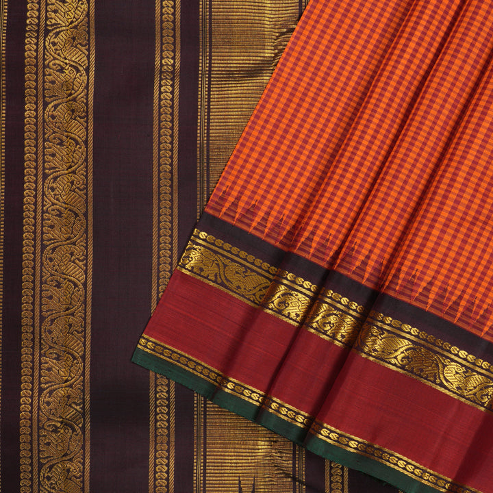 Hayagrivas Orange With Maroon Checks Handloom Kanjivaram Silk Saree with Maroon Border KBE176D14-1
