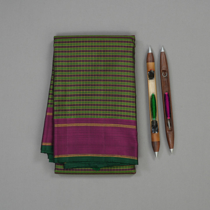 Hayagrivas Handloom Multicolour Checks Kanjivaram Silk Saree with Wine Purple border KBE176D16-1