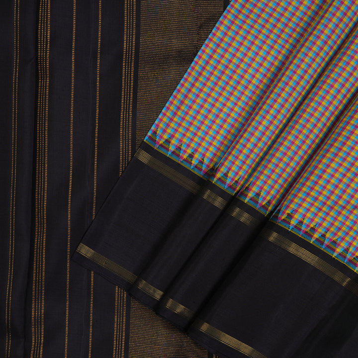 Hayagrivas Handloom Multicolour Checks Kanjivaram Silk Saree with Nagapazham border KBE176D7-1