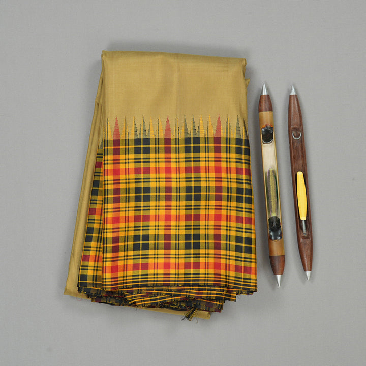 Hayagrivas Sandal Beige Handloom Kanjivaram Silk Saree with Multi Colour Checks Border KBE176D9-1