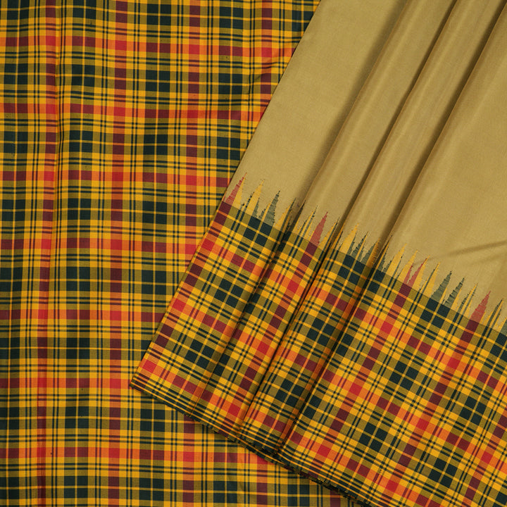 Hayagrivas Sandal Beige Handloom Kanjivaram Silk Saree with Multi Colour Checks Border KBE176D9-1