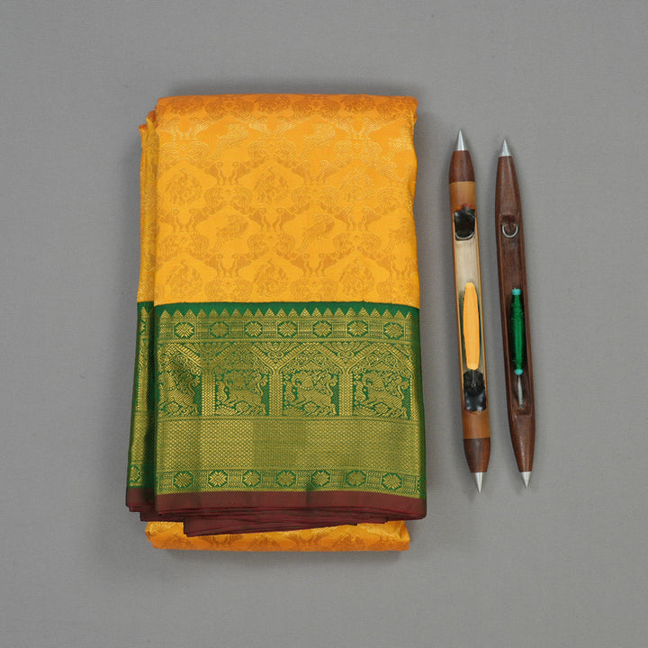 Hayagrivas Handloom Yellow Kanjivaram Silk Saree with Dark Green border KBE1770K2-2