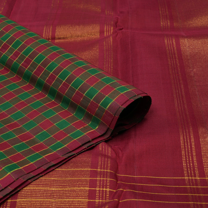 Hayagrivas Handloom Half White Kanjivaram Silk Saree with Maroon & Green Checked border KBE1773K1-1