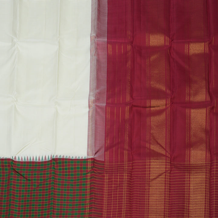 Hayagrivas Handloom Half White Kanjivaram Silk Saree with Maroon & Green Checked border KBE1773K1-1