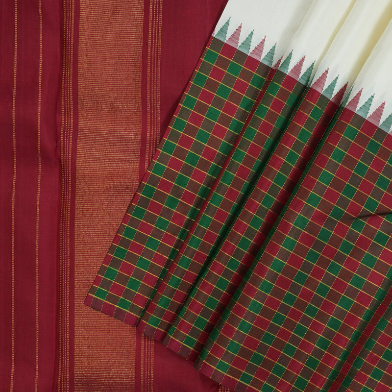 Hayagrivas Handloom Half White Kanjivaram Silk Saree with Maroon & Green Checked border KBE1773K1-1