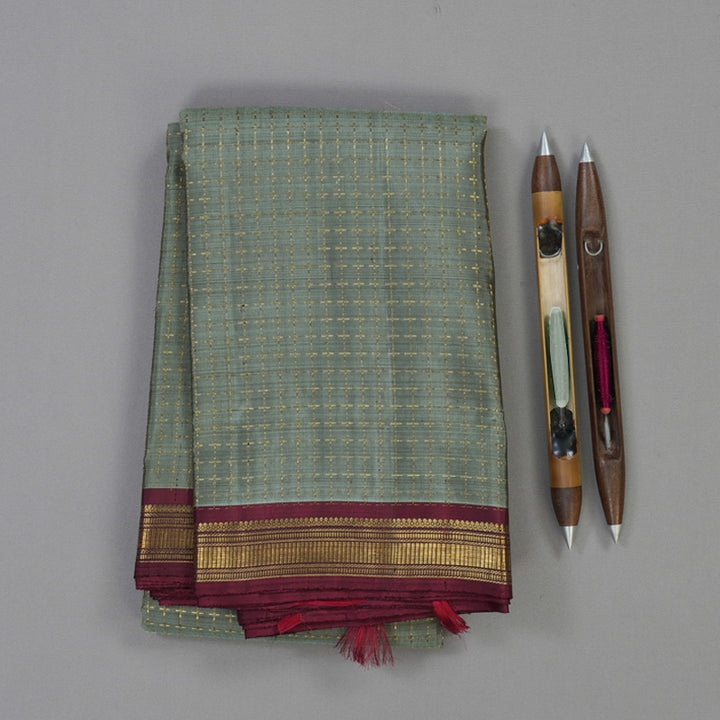 Hayagrivas Handloom Cement Green Kanjivaram Silk Saree with Araku Maroon Border KBE1783K1-1