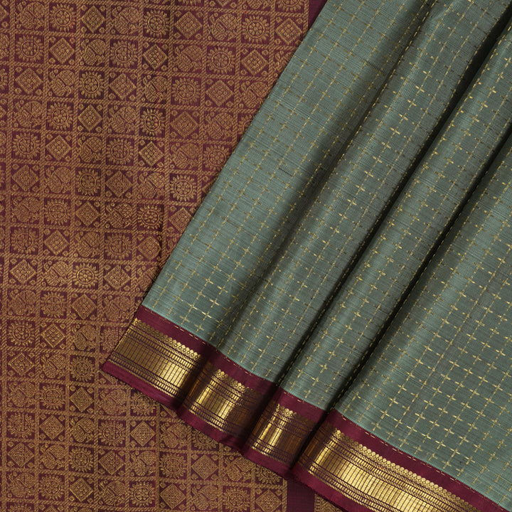 Hayagrivas Handloom Cement Green Kanjivaram Silk Saree with Araku Maroon Border KBE1783K1-1