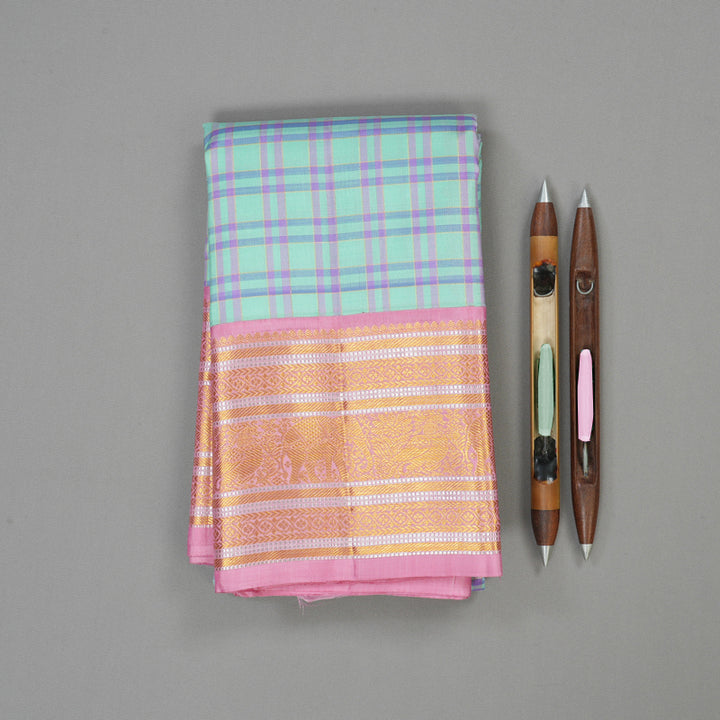 Hayagrivas Handloom Bright Teal Kanjivaram Silk Saree with Rose Pink border KBE1793K8-1