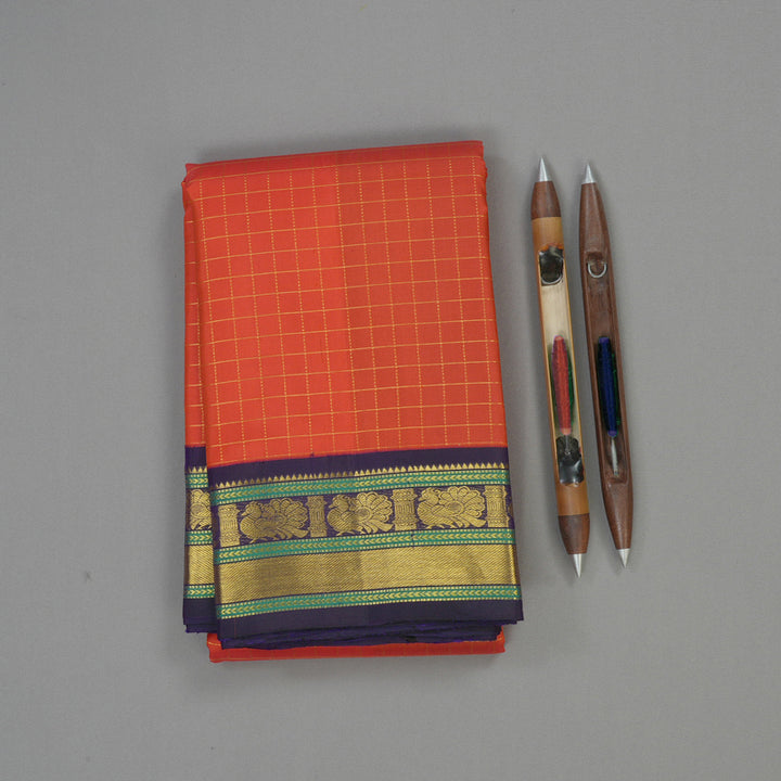 Hayagrivas Handloom Orangish-Red Kanjivaram Silk Saree with Navy Blue border KBE1795K11-1