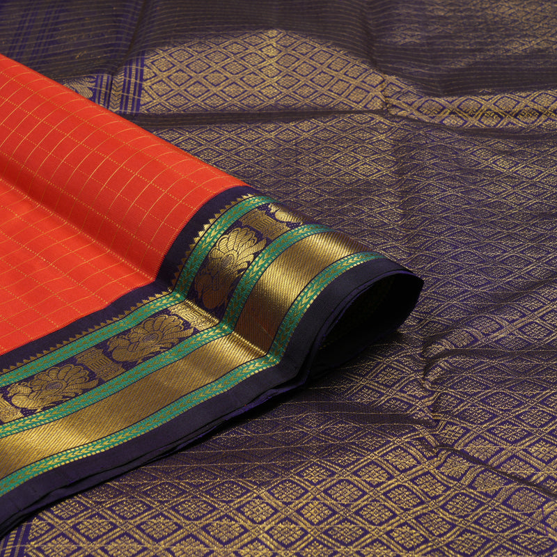 Hayagrivas Handloom Orangish-Red Kanjivaram Silk Saree with Navy Blue border KBE1795K11-1