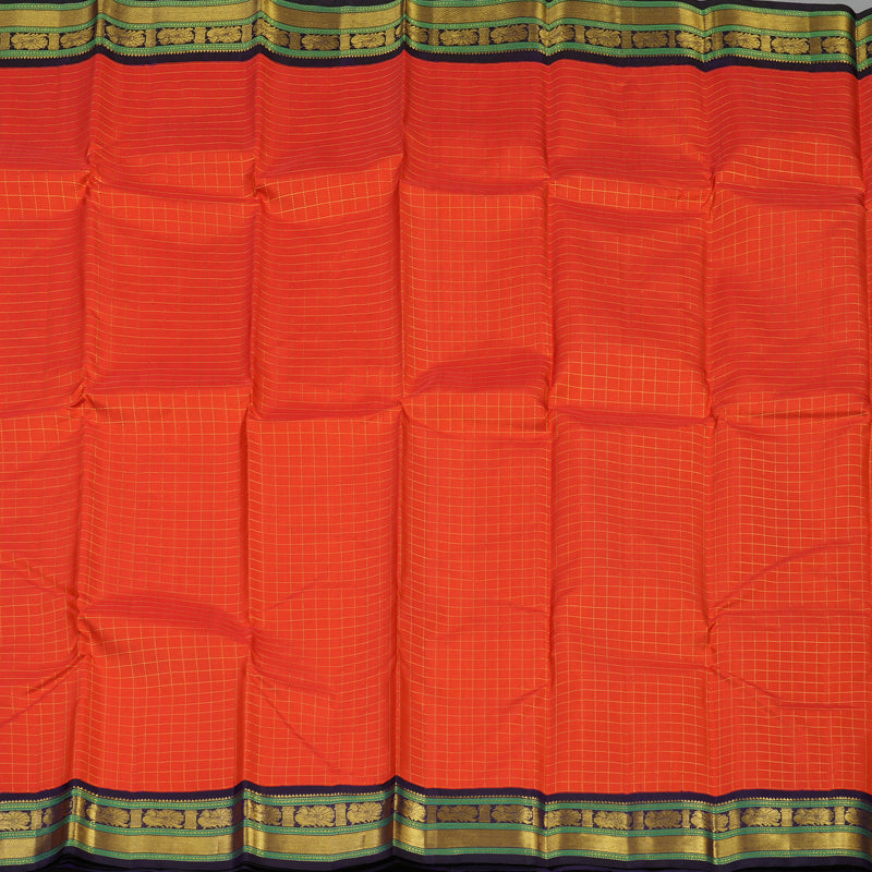 Hayagrivas Handloom Orangish-Red Kanjivaram Silk Saree with Navy Blue border KBE1795K11-1