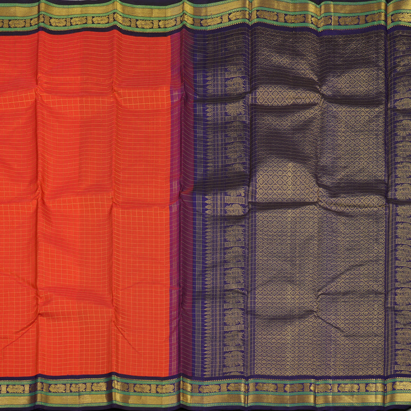 Hayagrivas Handloom Orangish-Red Kanjivaram Silk Saree with Navy Blue border KBE1795K11-1