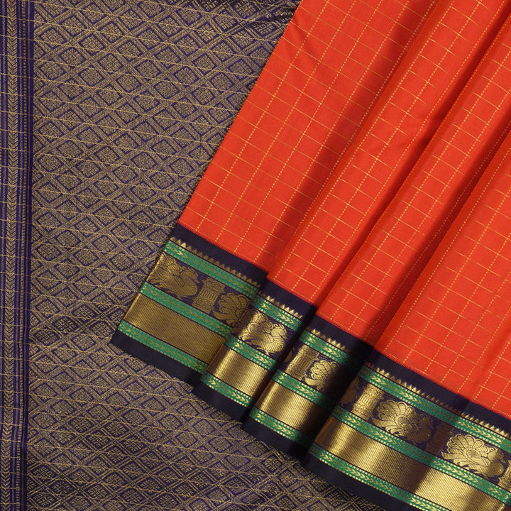 Hayagrivas Handloom Orangish-Red Kanjivaram Silk Saree with Navy Blue border KBE1795K11-1