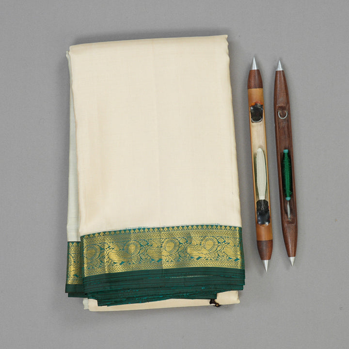 Hayagrivas Handloom Half-White Kanjivaram Silk Saree with Peacock Green Border KBE1795K2-1