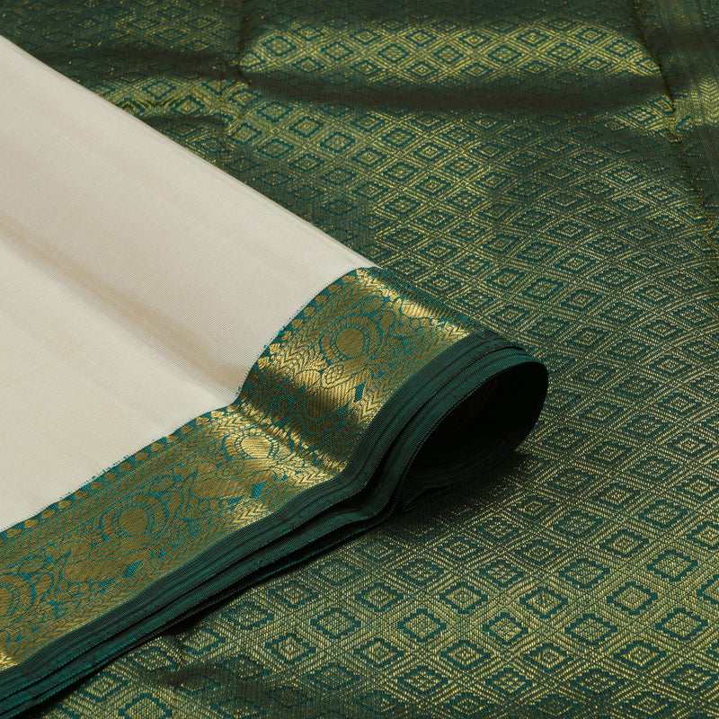 Hayagrivas Handloom Half-White Kanjivaram Silk Saree with Peacock Green Border KBE1795K2-1