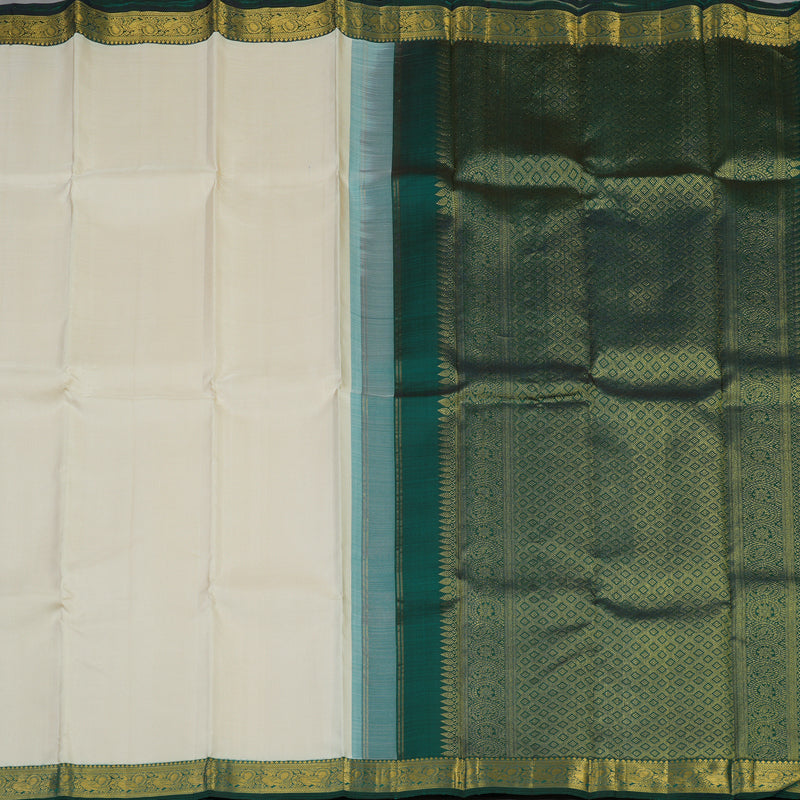 Hayagrivas Handloom Half-White Kanjivaram Silk Saree with Peacock Green Border KBE1795K2-1